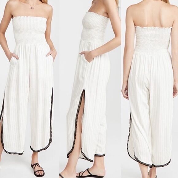 Peixoto Harriet White & Black Pinstripe Wide Leg Strapless Jumpsuit NEW SZ LG - Picture 1 of 9